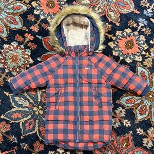 TinyCottons Cozy Checkered Hooded Coat with Fur Trim